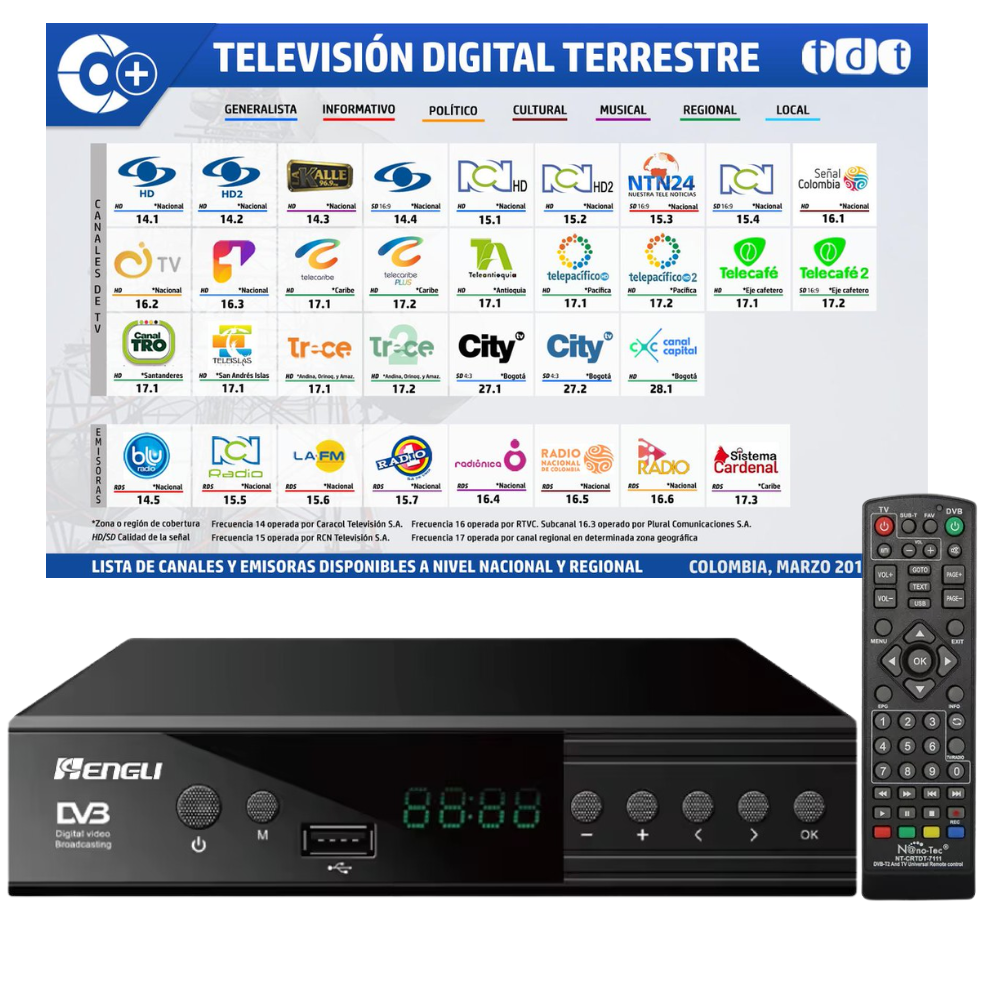 Decodificador TDT DVB-T2 Full HD HDMI RCA USB Control Remoto Antena
