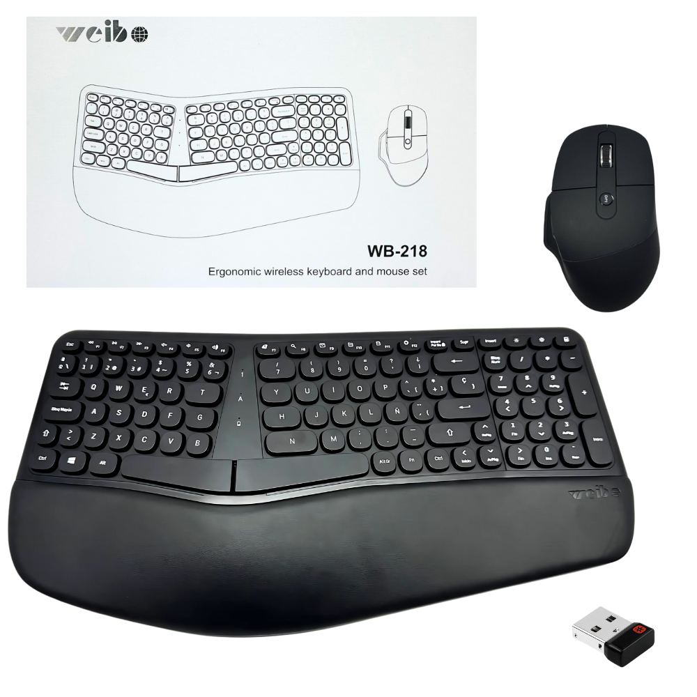 Combo Teclado Mouse Inalámbrico Ergonómico 101 Teclas Silencioso Negro