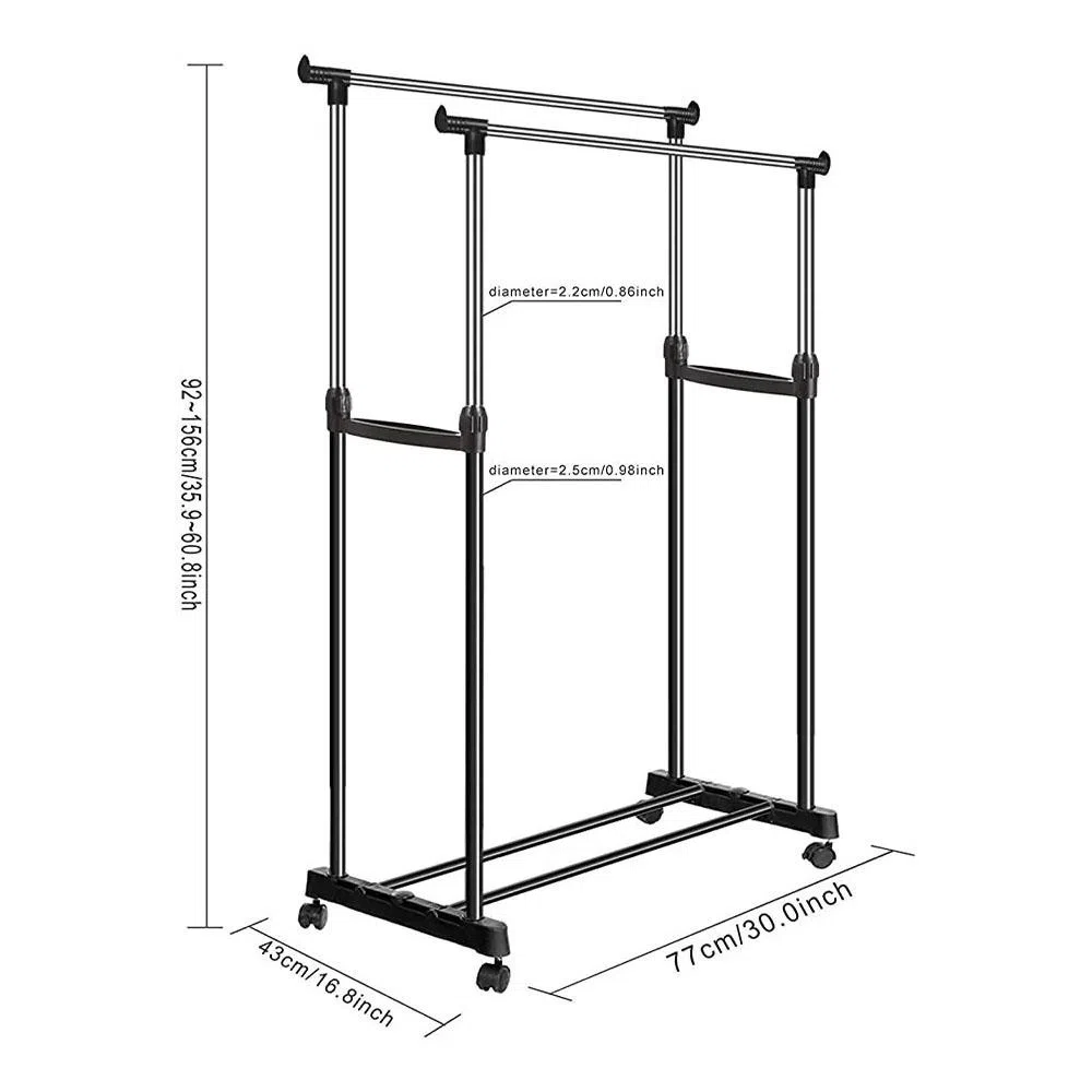 Tendedero Ropa Plegable Ruedas Extensible Perchero 30kg Metálico Negro