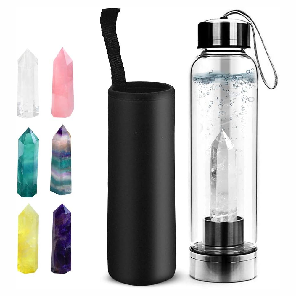 Botella Agua Vidrio Cristal Cuarzo Amatista 550ml Funda Neopreno