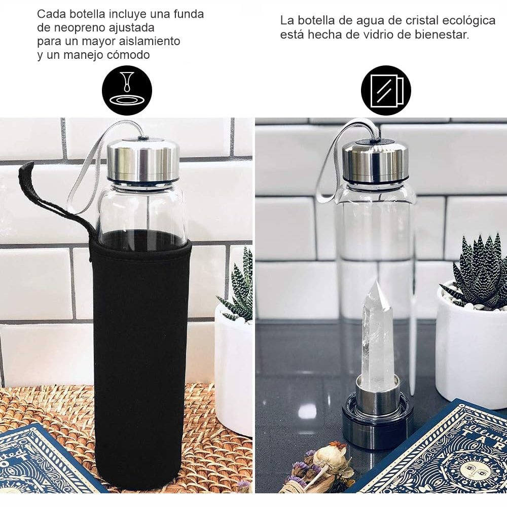 Botella Agua Vidrio Cristal Cuarzo Amatista 550ml Funda Neopreno