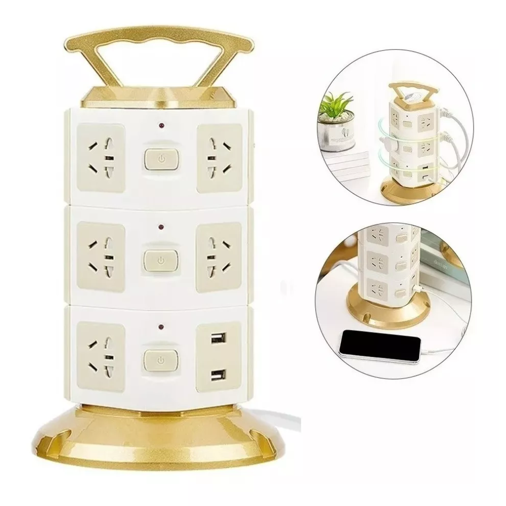 Torre Multitoma 3 Niveles 11 Tomas 2 USB 2500W Interruptores Cable 3m