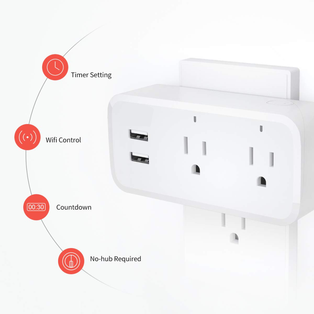 Enchufe Inteligente WiFi Doble 2 USB Alexa Google Home Temporizador