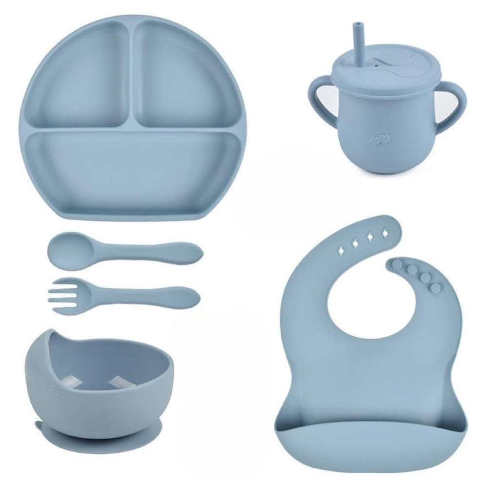 Vajilla Bebé Silicona Set Plato Ventosa Babero Vaso Cubiertos BPA