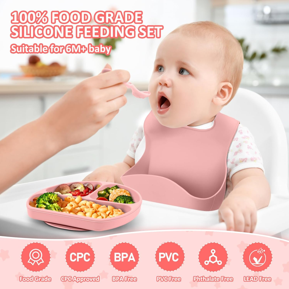 Vajilla Bebé Silicona Set Plato Ventosa Babero Vaso Cubiertos BPA