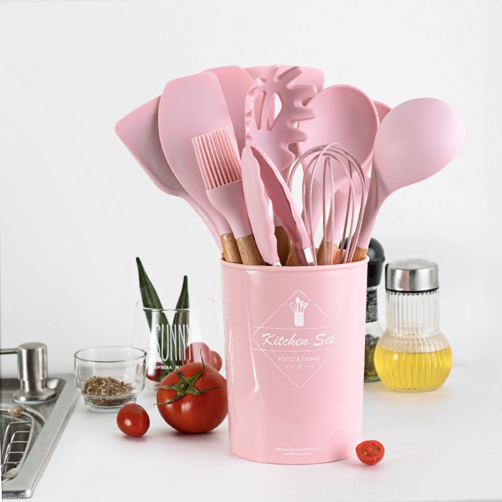 Set 12 Utensilios Cocina Silicona Mango Madera Resistente Calor BPA