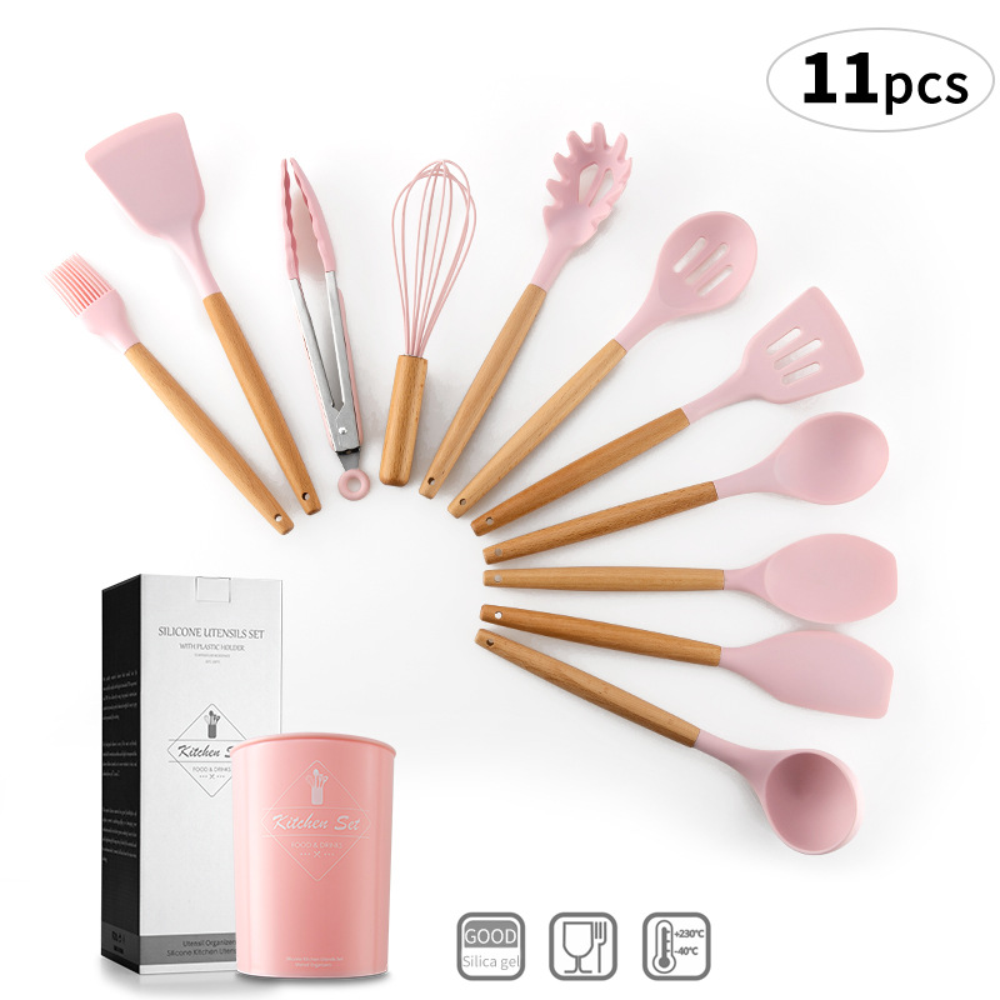 Set 12 Utensilios Cocina Silicona Mango Madera Resistente Calor BPA