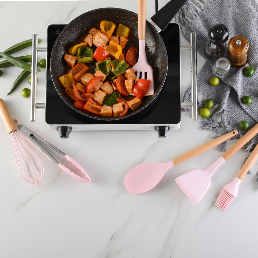 Set 12 Utensilios Cocina Silicona Mango Madera Resistente Calor BPA