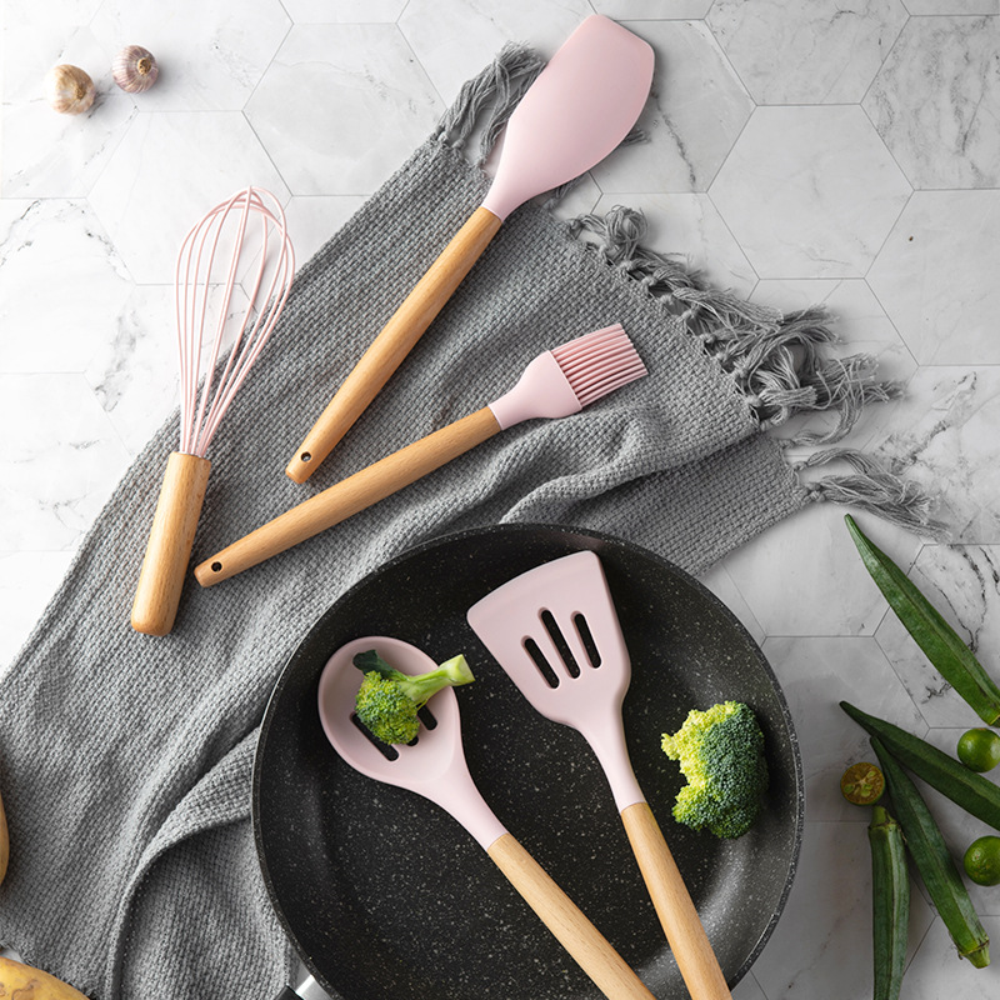 Set 12 Utensilios Cocina Silicona Mango Madera Resistente Calor BPA