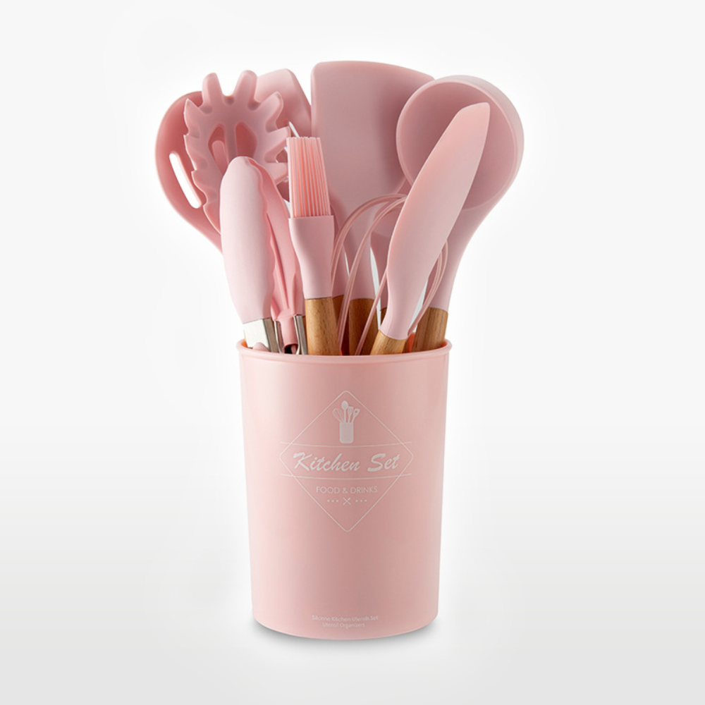 Set 12 Utensilios Cocina Silicona Mango Madera Resistente Calor BPA