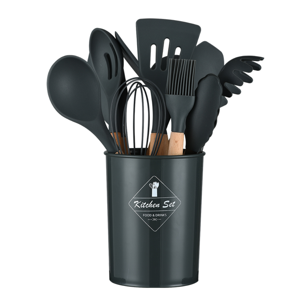 Set 12 Utensilios Cocina Silicona Mango Madera Resistente Calor BPA