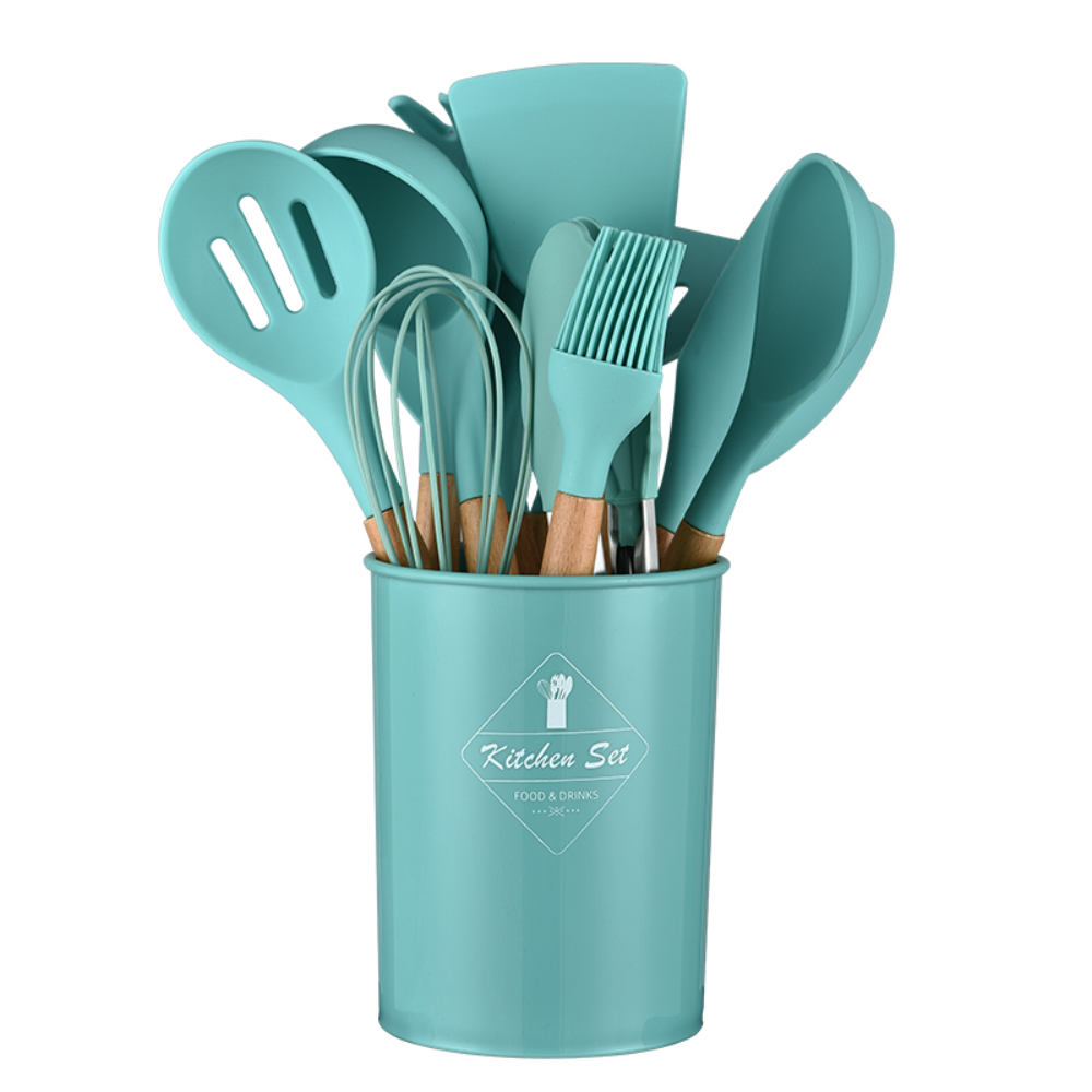 Set 12 Utensilios Cocina Silicona Mango Madera Resistente Calor BPA
