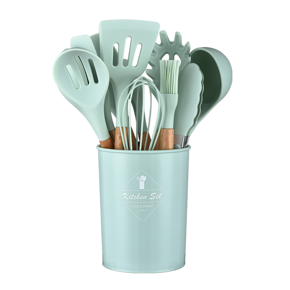 Set 12 Utensilios Cocina Silicona Mango Madera Resistente Calor BPA