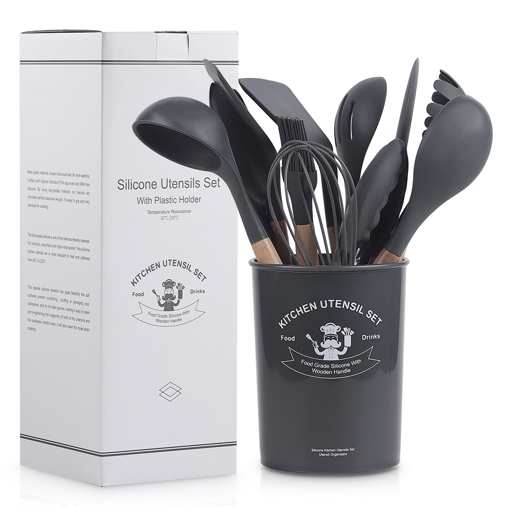 Set 12 Utensilios Cocina Silicona Mango Madera Resistente Calor BPA