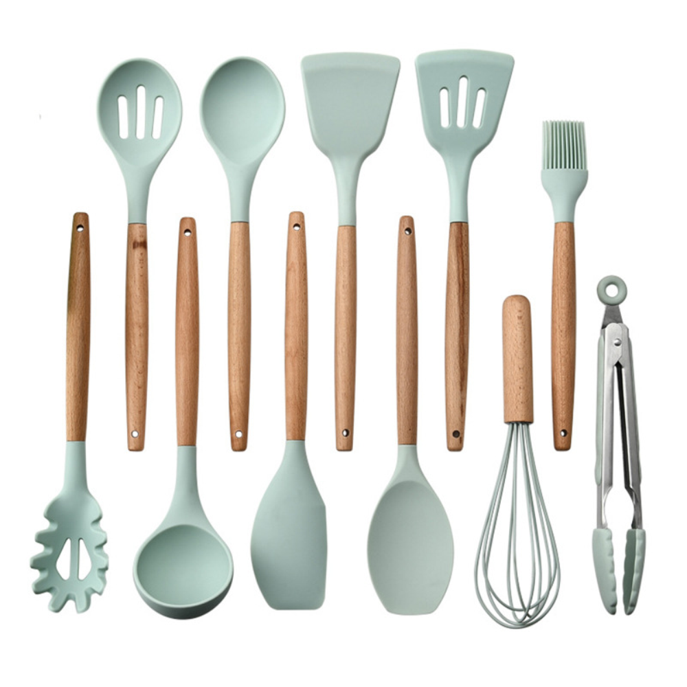 Set 12 Utensilios Cocina Silicona Mango Madera Resistente Calor BPA