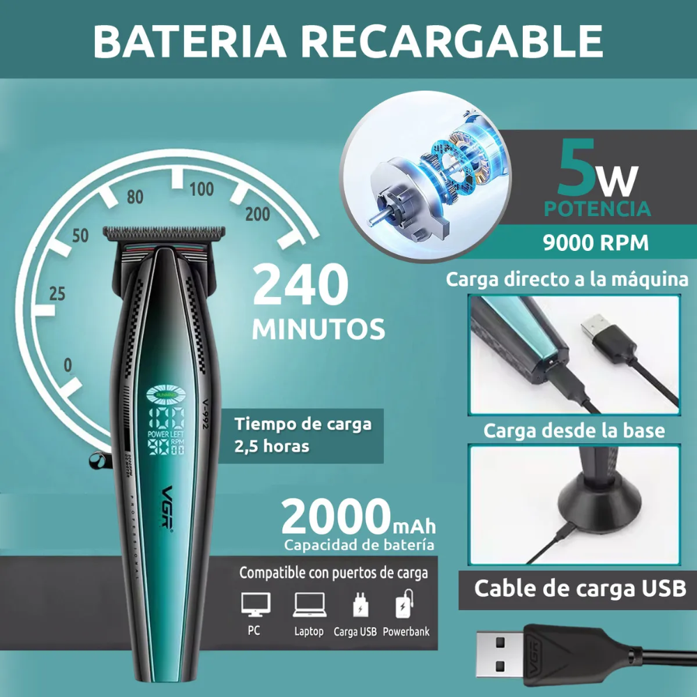 Máquina Patillera VGR V-992 Inalámbrica 9000 RPM Profesional Barbería