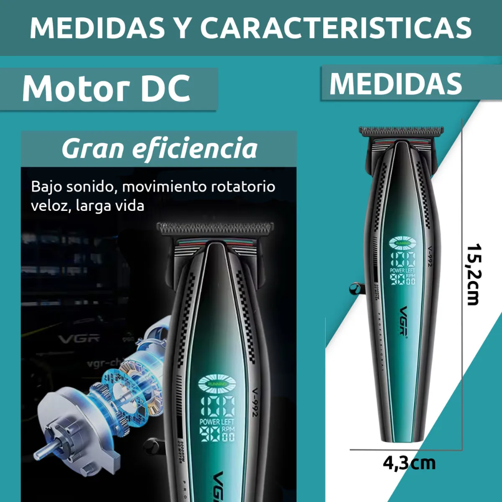 Máquina Patillera VGR V-992 Inalámbrica 9000 RPM Profesional Barbería