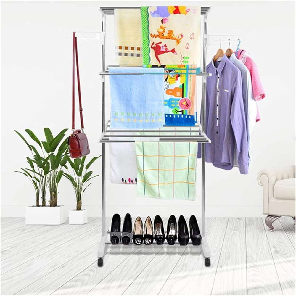 Perchero Organizador Ropa 2 Niveles Telescópico Ruedas Freno Plegable