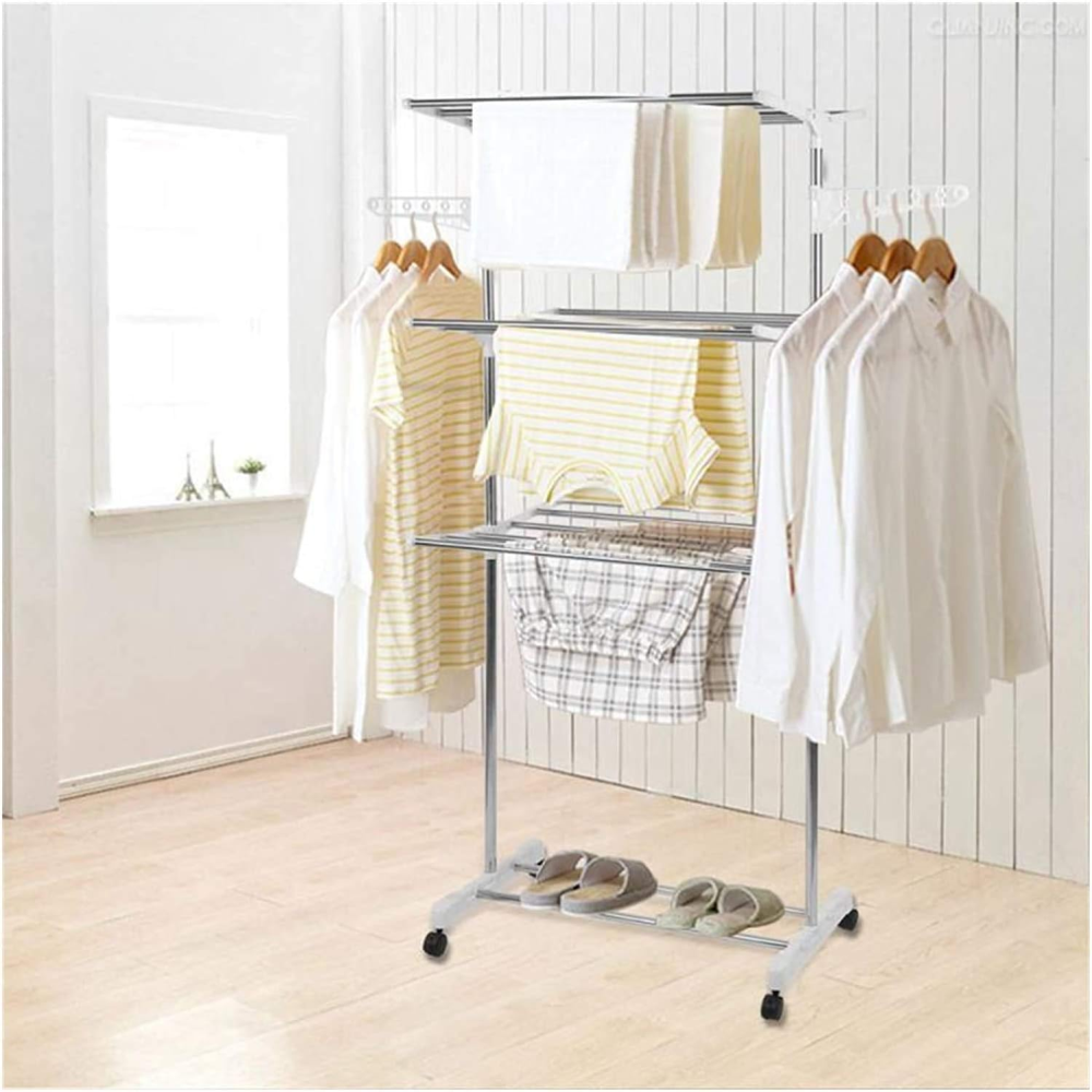 Perchero Organizador Ropa 2 Niveles Telescópico Ruedas Freno Plegable