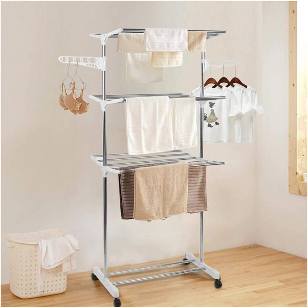 Perchero Organizador Ropa 2 Niveles Telescópico Ruedas Freno Plegable