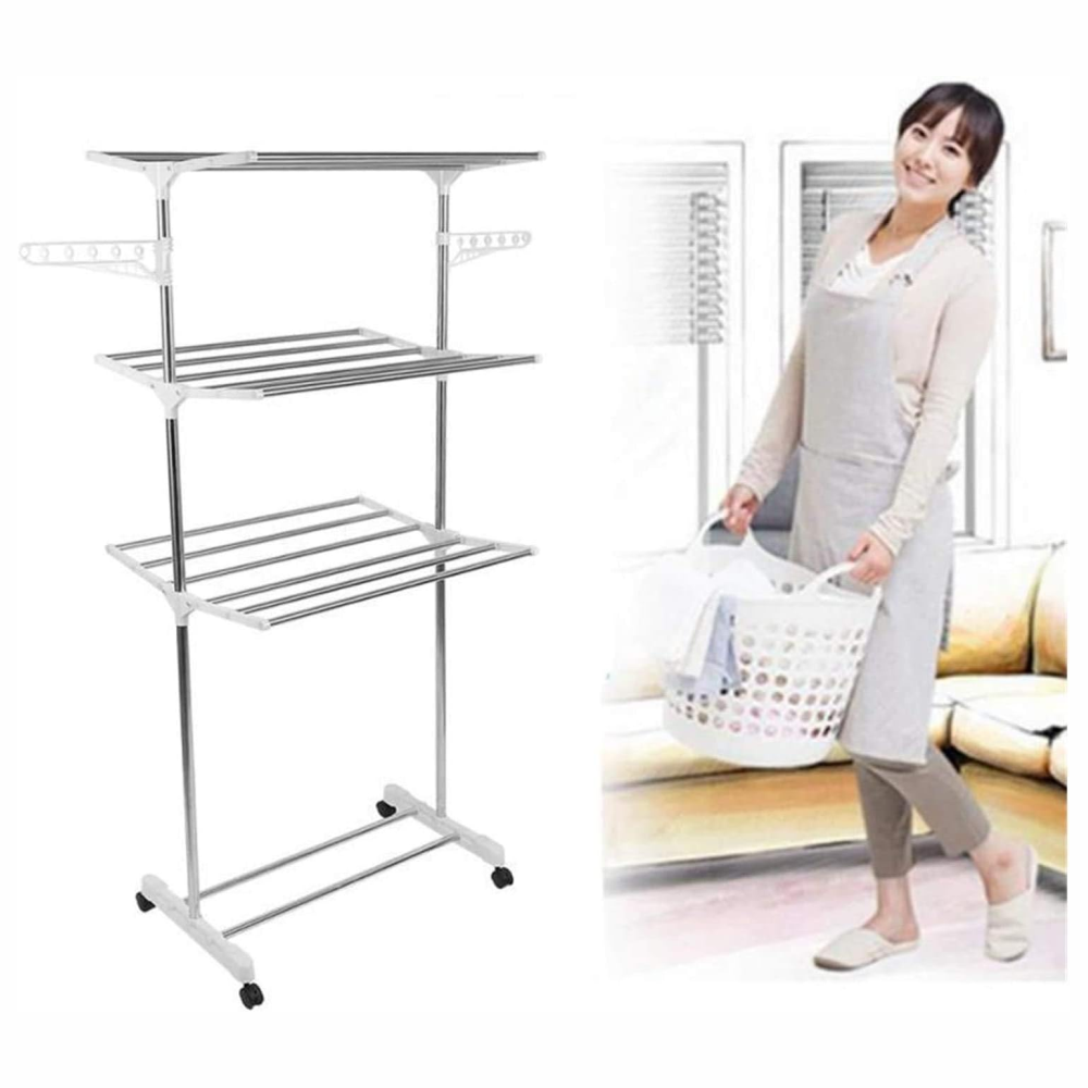 Perchero Organizador Ropa 2 Niveles Telescópico Ruedas Freno Plegable