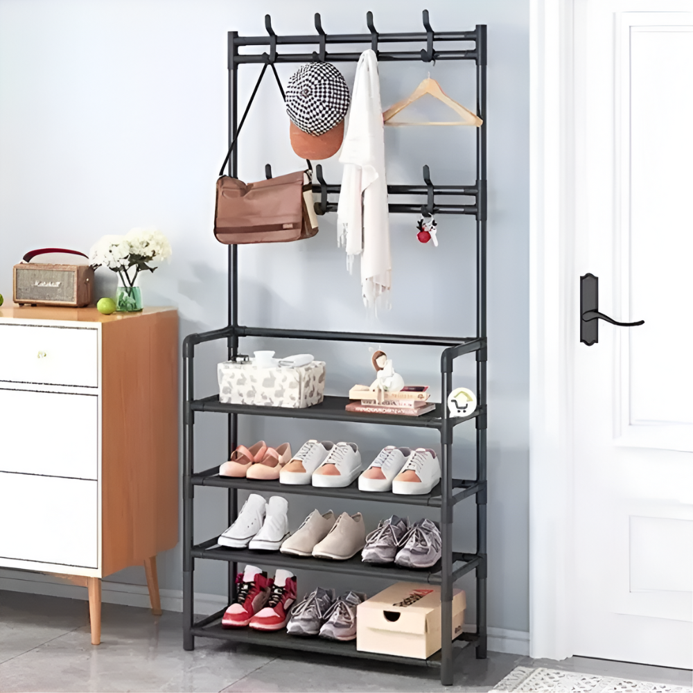 Perchero Zapatero Multifuncional 5 Niveles 153x60cm 4 Ganchos Tela