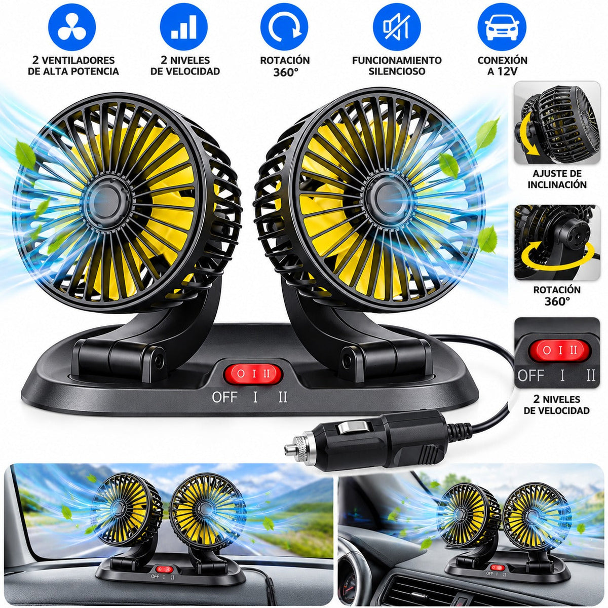 Ventilador Doble Carro USB Cabezal Giratorio 3 Velocidades Aroma