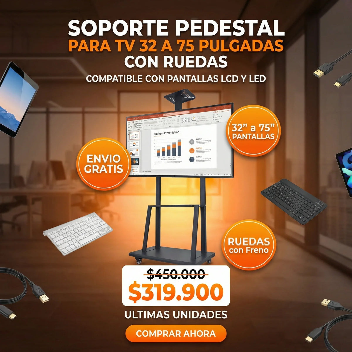 Soporte Pedestal TV Ruedas 32 70 Pulgadas 120 Kg Bandeja Móvil Piso