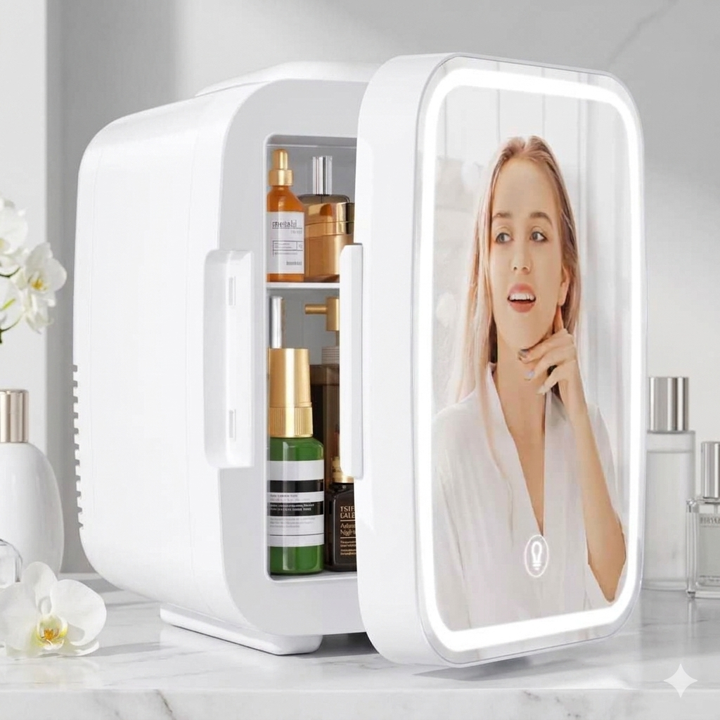 Mini Nevera Maquillaje Skincare 4 Litros Espejo LED Frío Calor Blanca