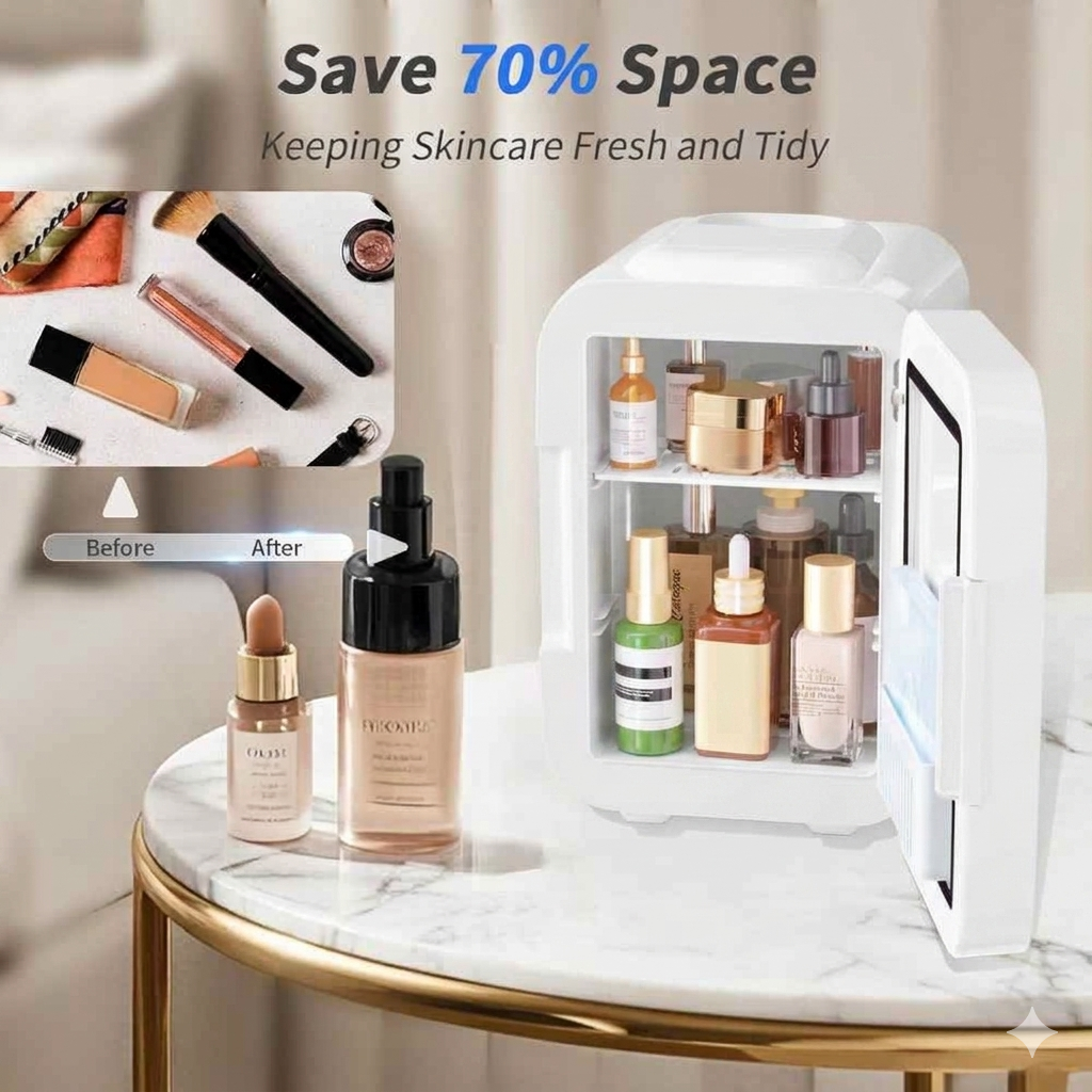 Mini Nevera Maquillaje Skincare 4 Litros Espejo LED Frío Calor Blanca