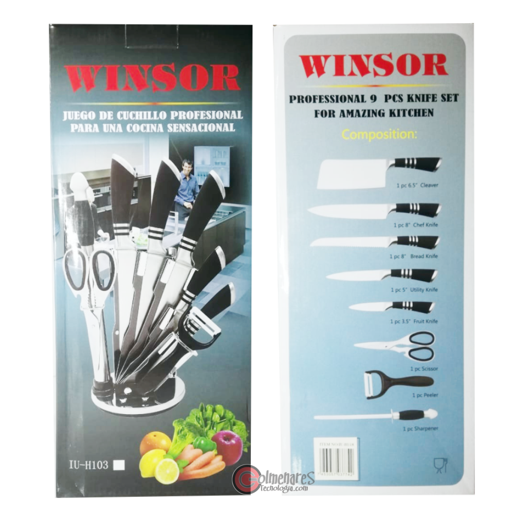 Juego Cuchillos Winsor Acero Inoxidable 9 Piezas Tijeras Afilador Base