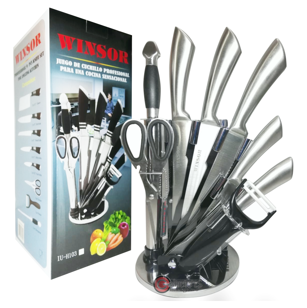 Juego Cuchillos Winsor Acero Inoxidable 9 Piezas Tijeras Afilador Base