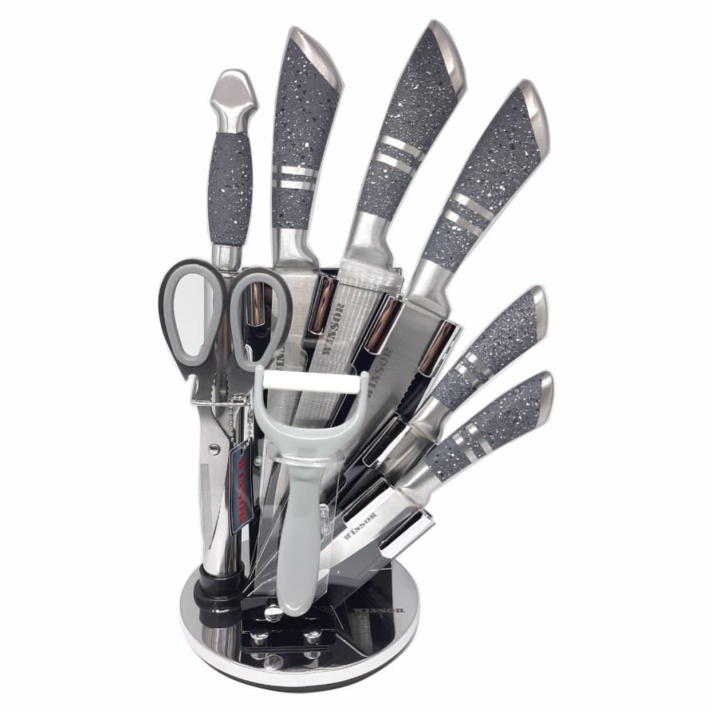 Juego Cuchillos Winsor Acero Inoxidable 9 Piezas Tijeras Afilador Base