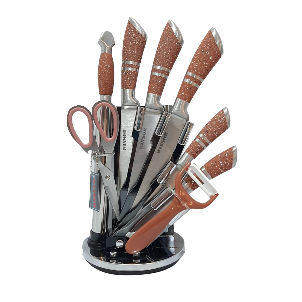 Juego Cuchillos Winsor Acero Inoxidable 9 Piezas Tijeras Afilador Base