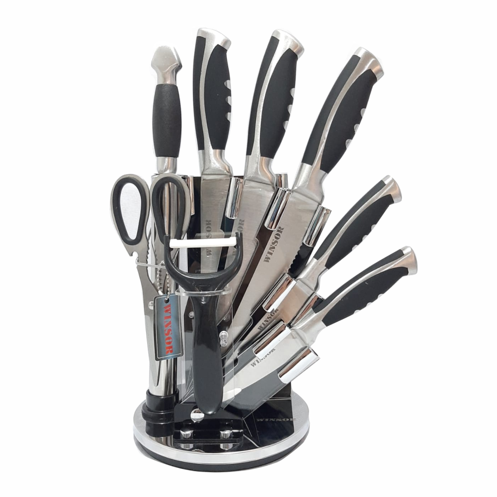Juego Cuchillos Winsor Acero Inoxidable 9 Piezas Tijeras Afilador Base