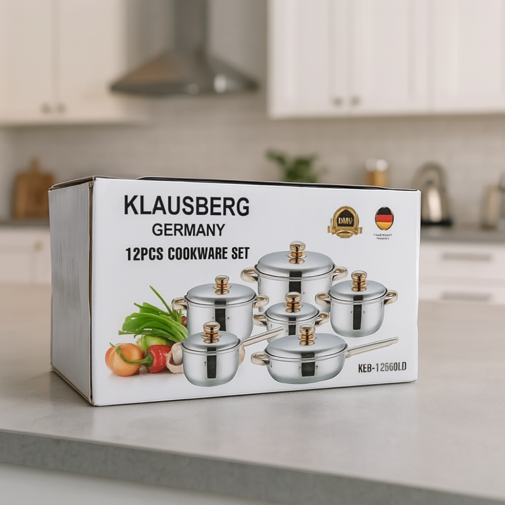 Set Ollas Klausberg 12 Piezas Acero Inoxidable Mangos Dorados Tapas