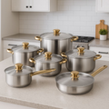 Set Ollas Klausberg 12 Piezas Acero Inoxidable Mangos Dorados Tapas