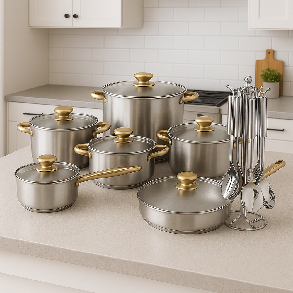 Set Ollas Klausberg 12 Piezas Acero Inoxidable Mangos Dorados Tapas