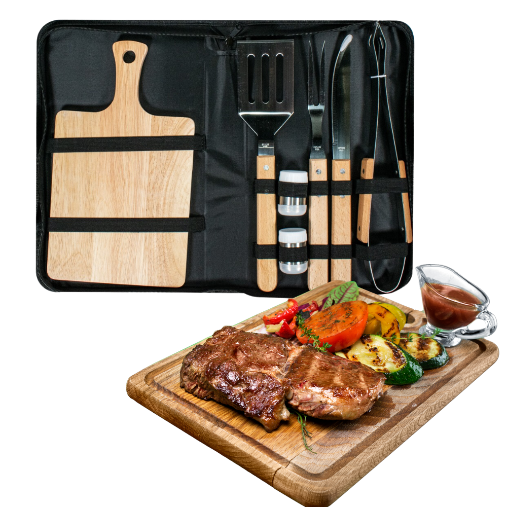 Kit Asados Parrilla BBQ 7 Piezas Acero Inoxidable Estuche Pinzas