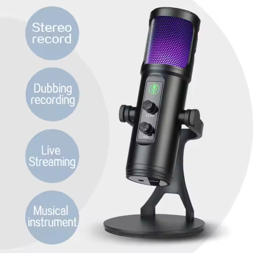 Micrófono USB RGB Condensador Streaming Podcast PC PS4 Silencio