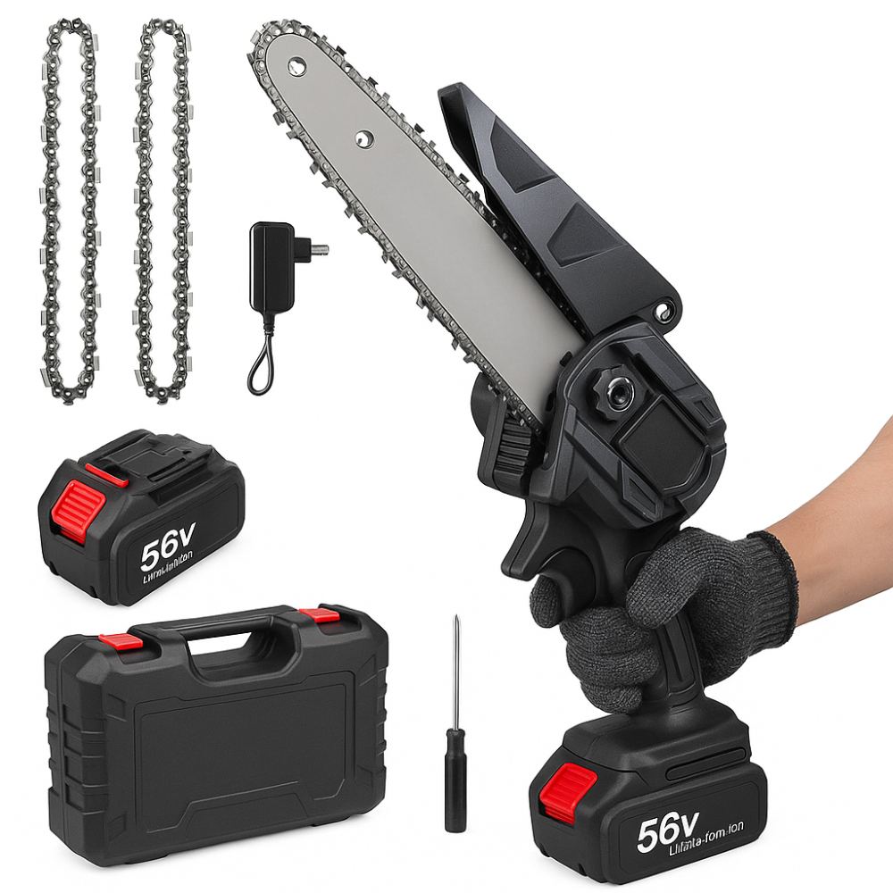 Mini Motosierra Inalámbrica 6 Pulgadas 56V 2 Baterías 2 Cadenas Poda