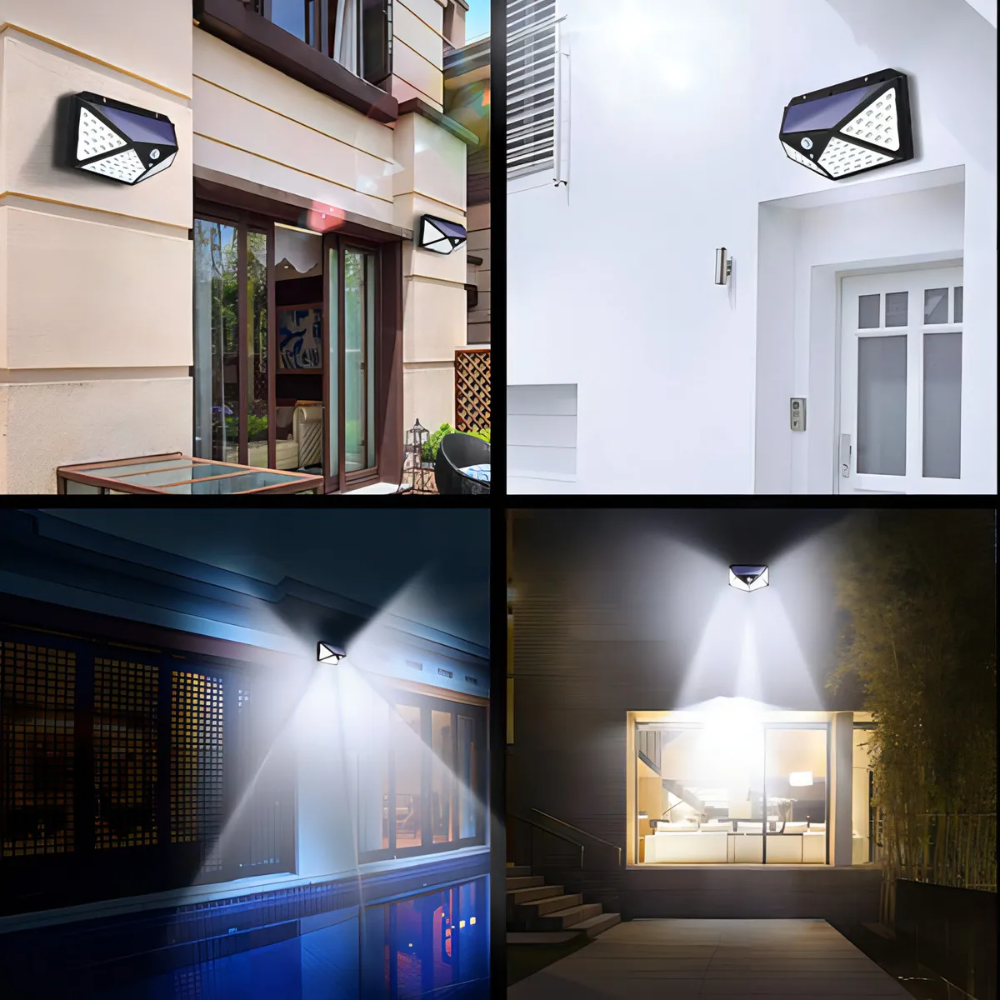 Lámpara Solar 100 LED Sensor Movimiento Pack 4 Exterior Pared Patio