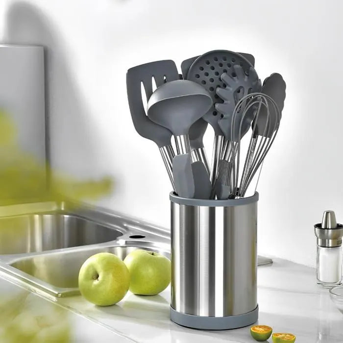 Set Utensilios Cocina Silicona 12 Piezas Base Giratoria Negro BPA