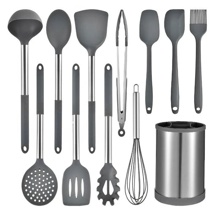 Set Utensilios Cocina Silicona 12 Piezas Base Giratoria Negro BPA