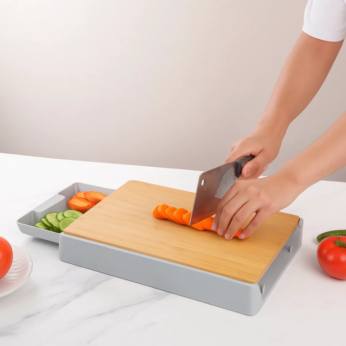Tabla Picar Bambú Cajón Recolector Extraíble Cocina Vegetales Carnes